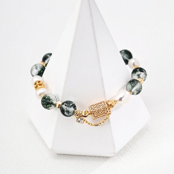 Healing Green Phantom Quartz & Pearl Bracelet | S925 Silver Gold-Tone Crystal - Picture 1 of 4